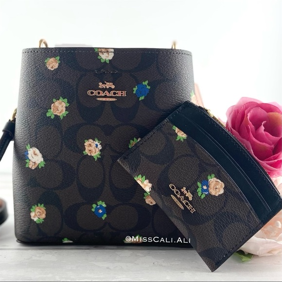 NWT COACH Mini Town Bucket Bag Signature Canvas Vintage Rose & Zipper Card Case - Picture 2 of 16